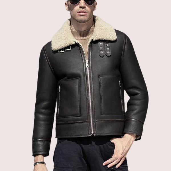 Black B-3 Bomber Sheepskin Shearling Aviator Leather Jacket - Shearland