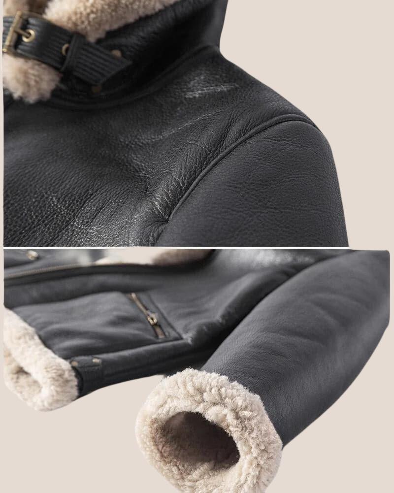 Black B-3 Bomber pilot sheepskin hooded leather jacket - Shearland