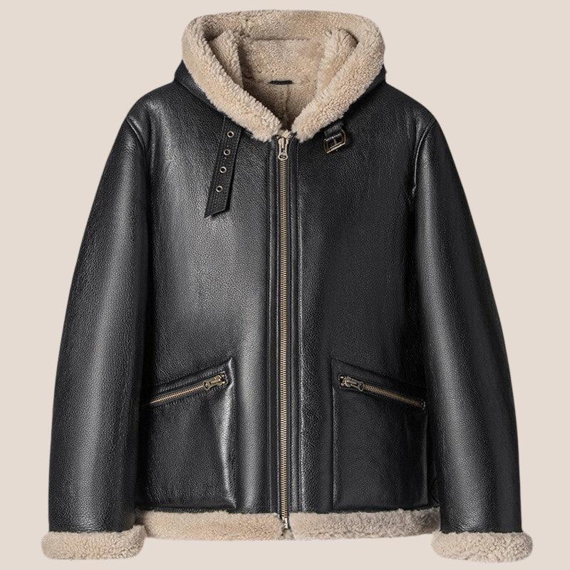 Black B-3 Bomber pilot sheepskin hooded leather jacket - Shearland