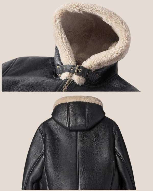 Black B-3 Bomber pilot sheepskin hooded leather jacket - Shearland