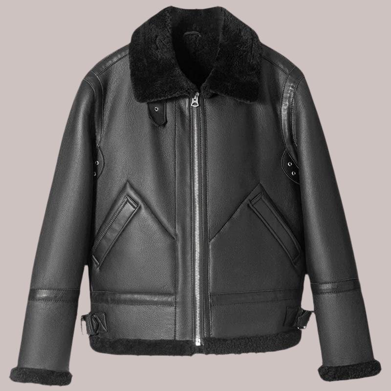 Black Sheepskin B-3 Bomber Pilot Leather Jacket - Shearland