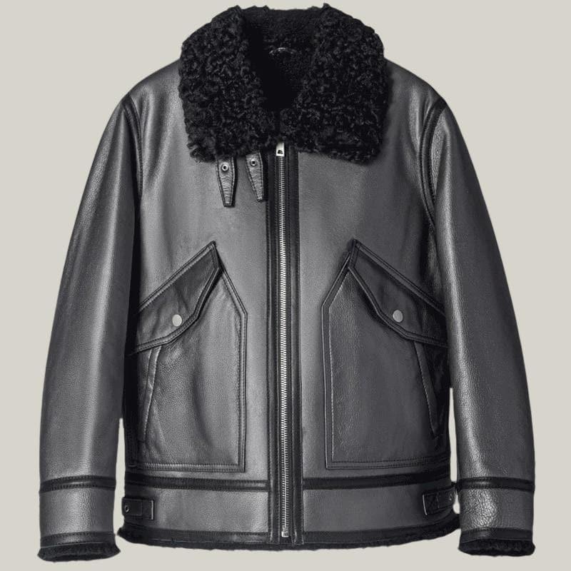 Black Sheepskin B-3 Bomber Pilot Leather Jacket - Shearland