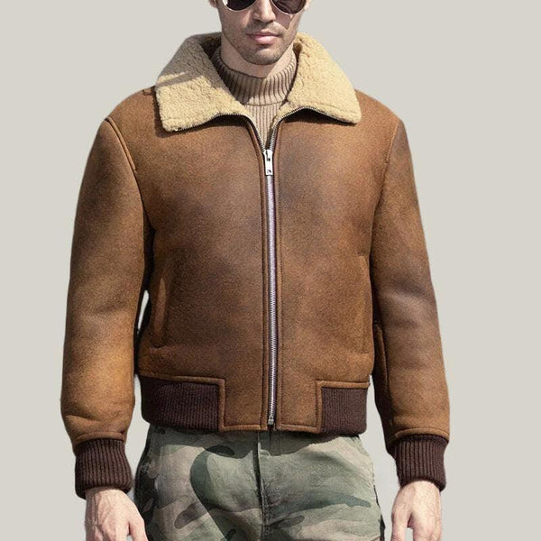 Brown Sheepskin B-3 Bomber Leather Jacket - Shearland