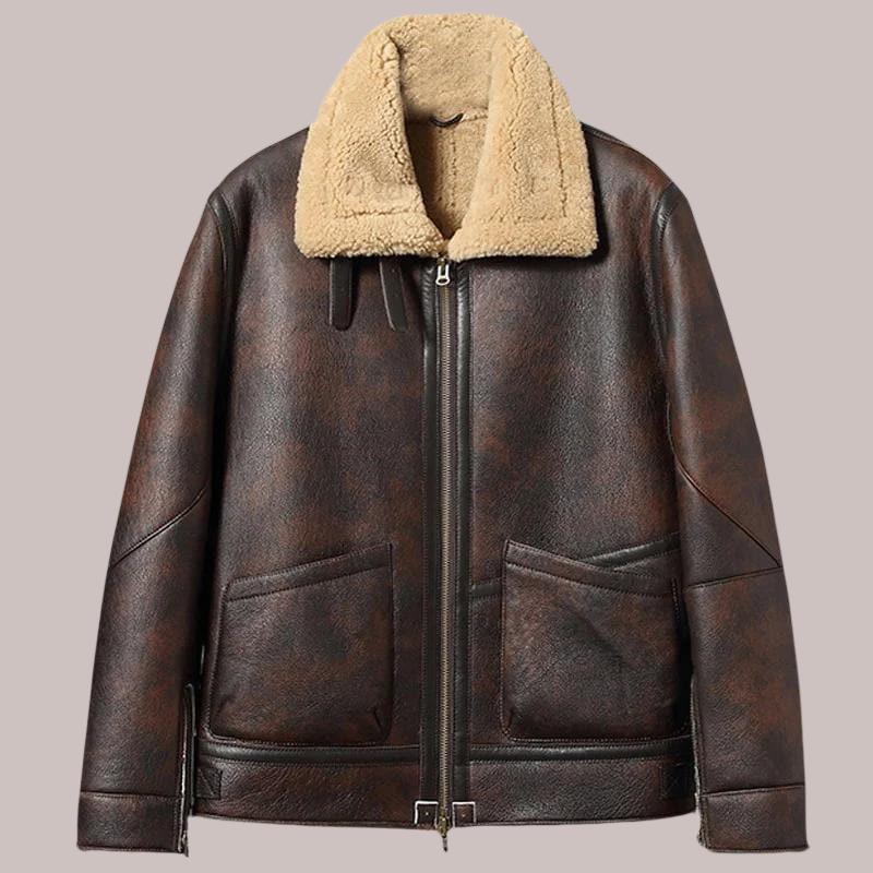 Brown Sheepskin B-3 Bomber Pilot Leather Jacket - Shearland