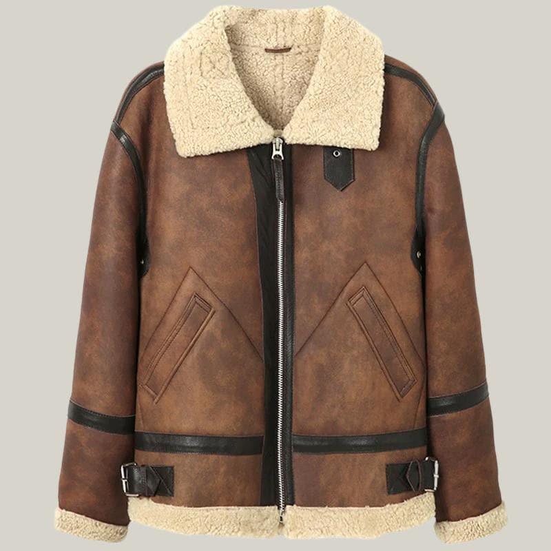 Brown Sheepskin B-3 Bomber Pilot Leather Jacket - Shearland