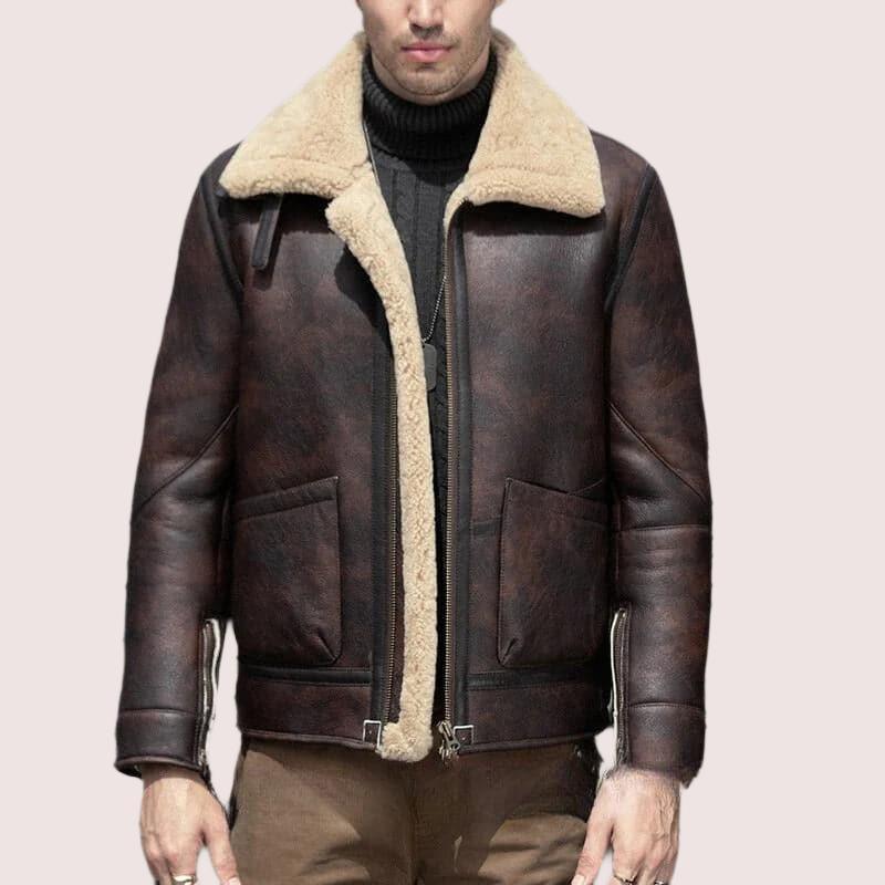 Brown Sheepskin B-3 Bomber Pilot Leather Jacket - Shearland