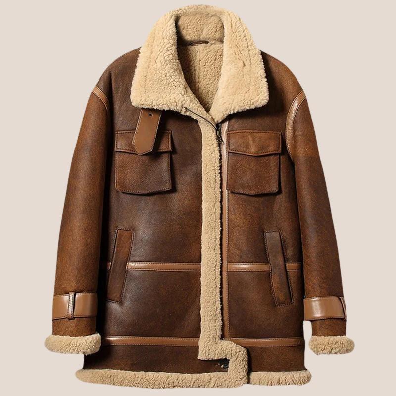 Brown Sheepskin Long B-3 Bomber Shearling Leather Coat - Shearland