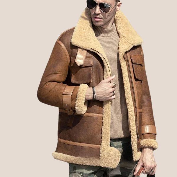 Brown Sheepskin Long B-3 Bomber Shearling Leather Coat - Shearland