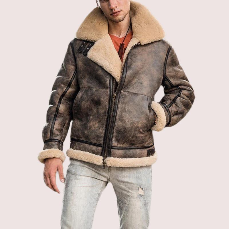 Distressed Sheepskin B-3 Bomber Leather Jacket - Shearland