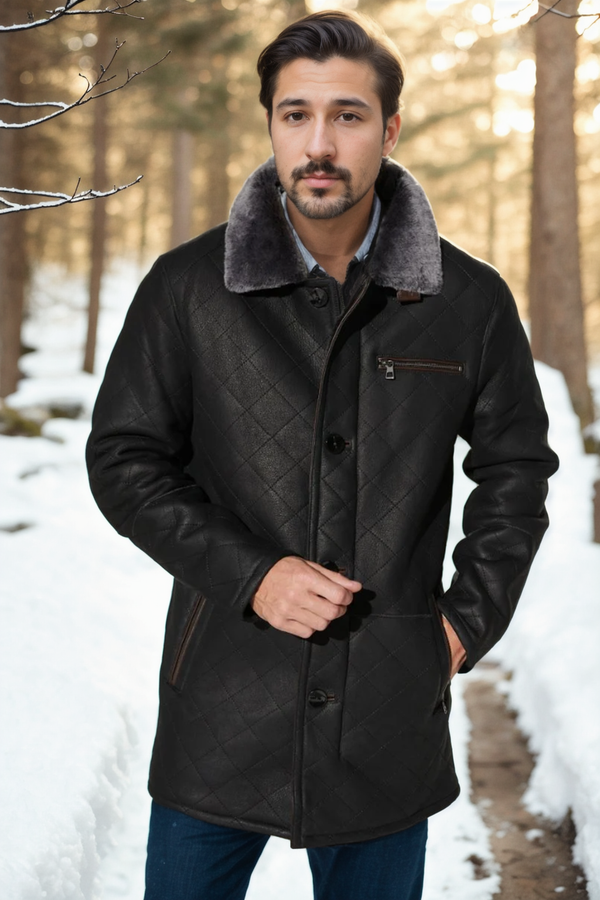 Hayes Quilted Sheepskin Car Coat Black Shearland