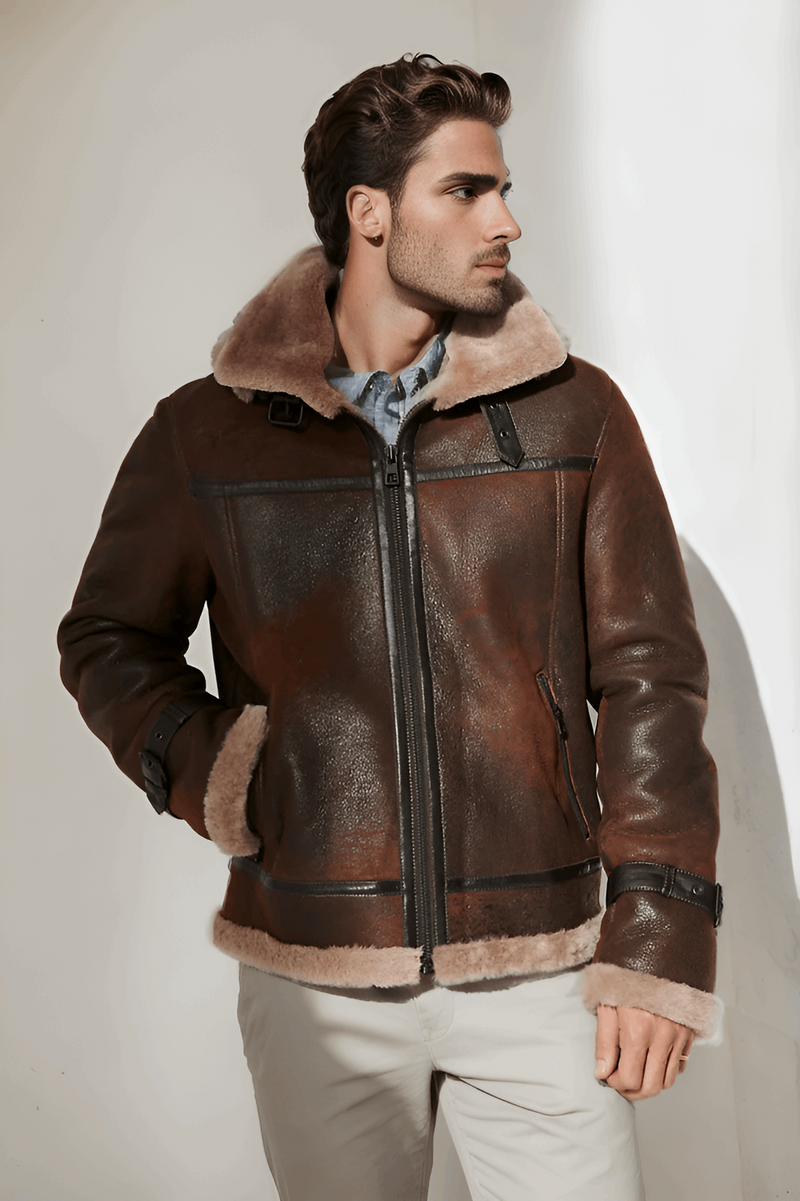 Burnt Cognac Hooded Sheepskin B-3 Bomber Jacket