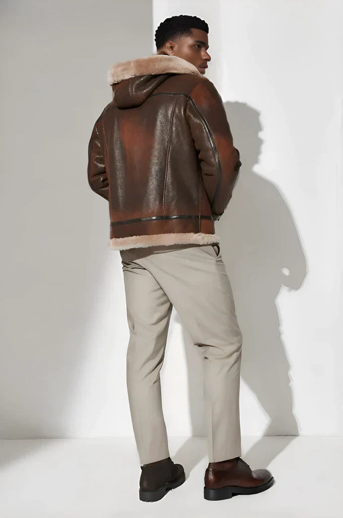 Burnt Cognac Hooded Sheepskin B-3 Bomber Jacket