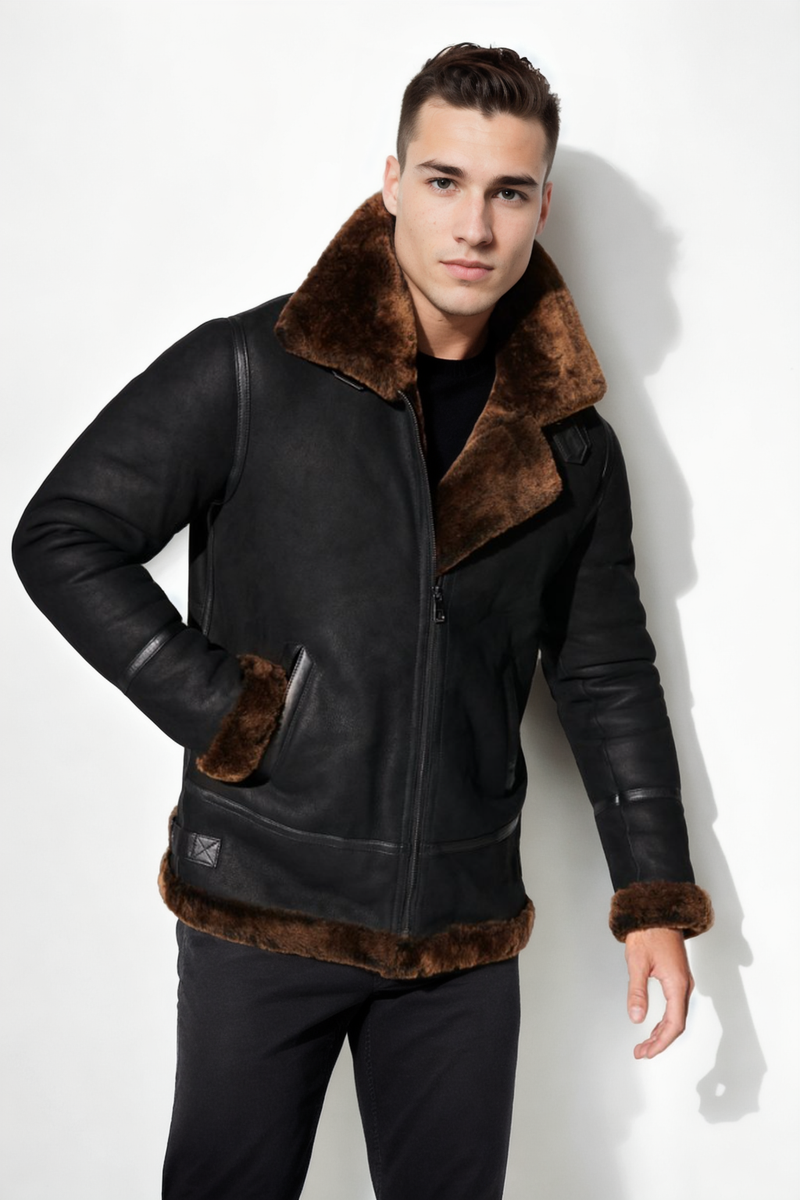 Jason Sheepskin B-3 Bomber Jacket Black Shearland