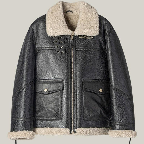 Men Black Sheepskin B-3 Bomber Leather Jacket - Shearland