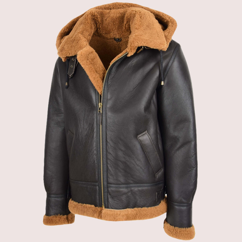 Men's B3 Sheepskin Jacket Detachable Hoodie Ruben Brown Ginger - Shearland