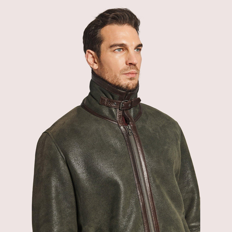 Mens B-3 Sheepskin Bomber Jacket with Lambskin Trim and Adjustable Collar - Shearland