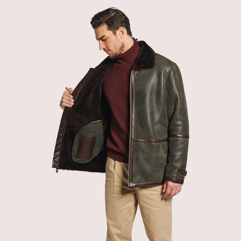 Mens B-3 Sheepskin Bomber Jacket with Lambskin Trim and Adjustable Collar - Shearland