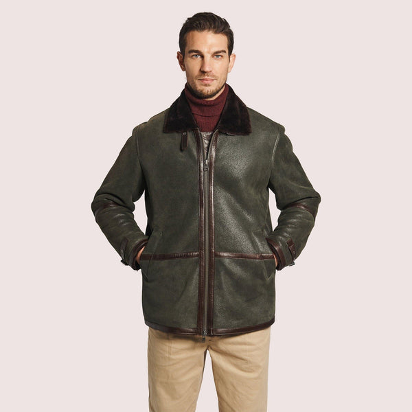 Mens B-3 Sheepskin Bomber Jacket with Lambskin Trim and Adjustable Collar - Shearland