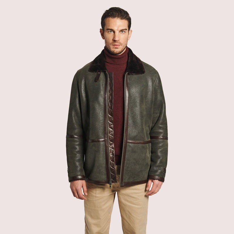 Mens B-3 Sheepskin Bomber Jacket with Lambskin Trim and Adjustable Collar - Shearland