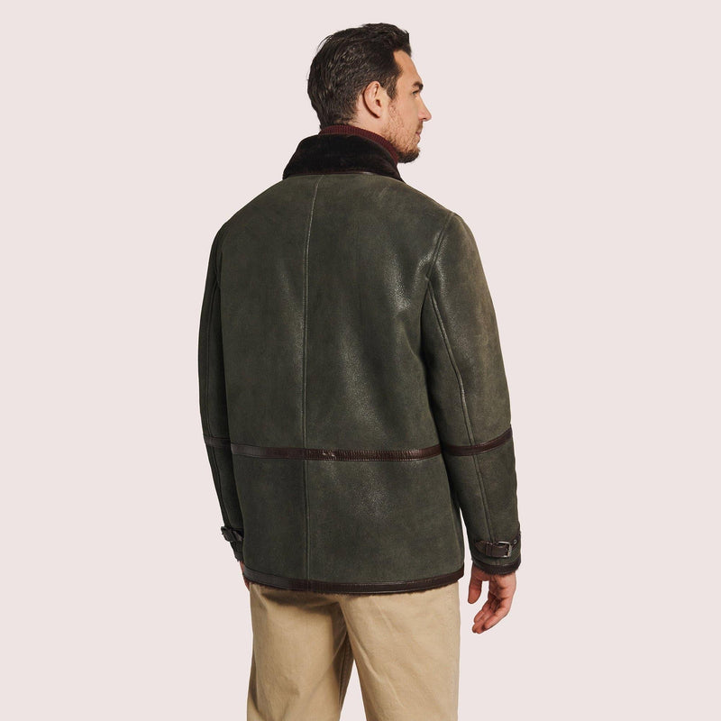 Mens B-3 Sheepskin Bomber Jacket with Lambskin Trim and Adjustable Collar - Shearland