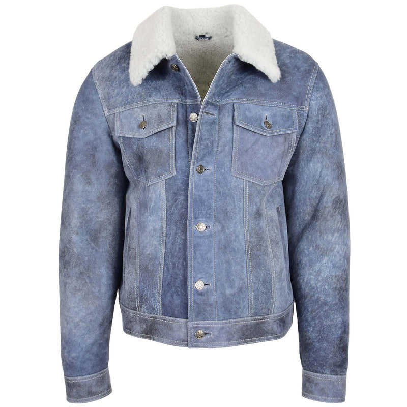 Mens Real Sheepskin Trucker Jacket Noah Denim Blue - Shearland