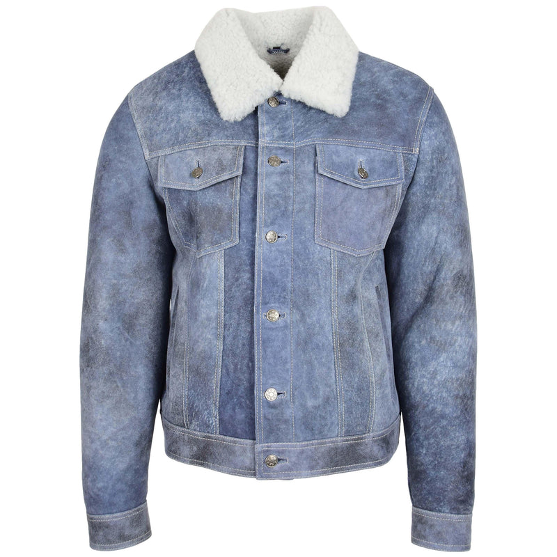 Mens Real Sheepskin Trucker Jacket Noah Denim Blue - Shearland