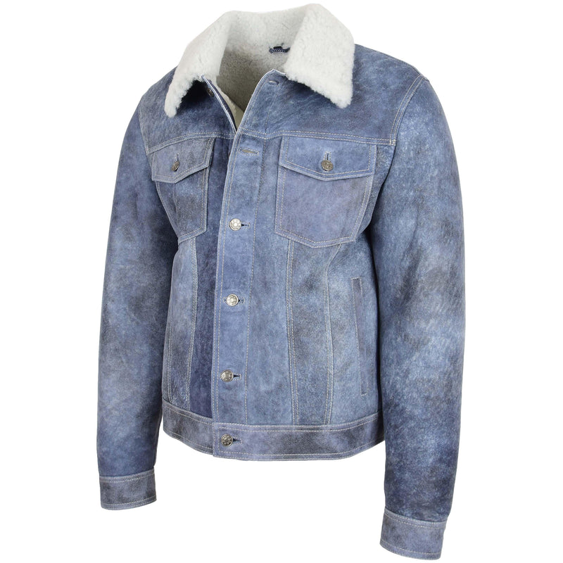 Mens Real Sheepskin Trucker Jacket Noah Denim Blue - Shearland