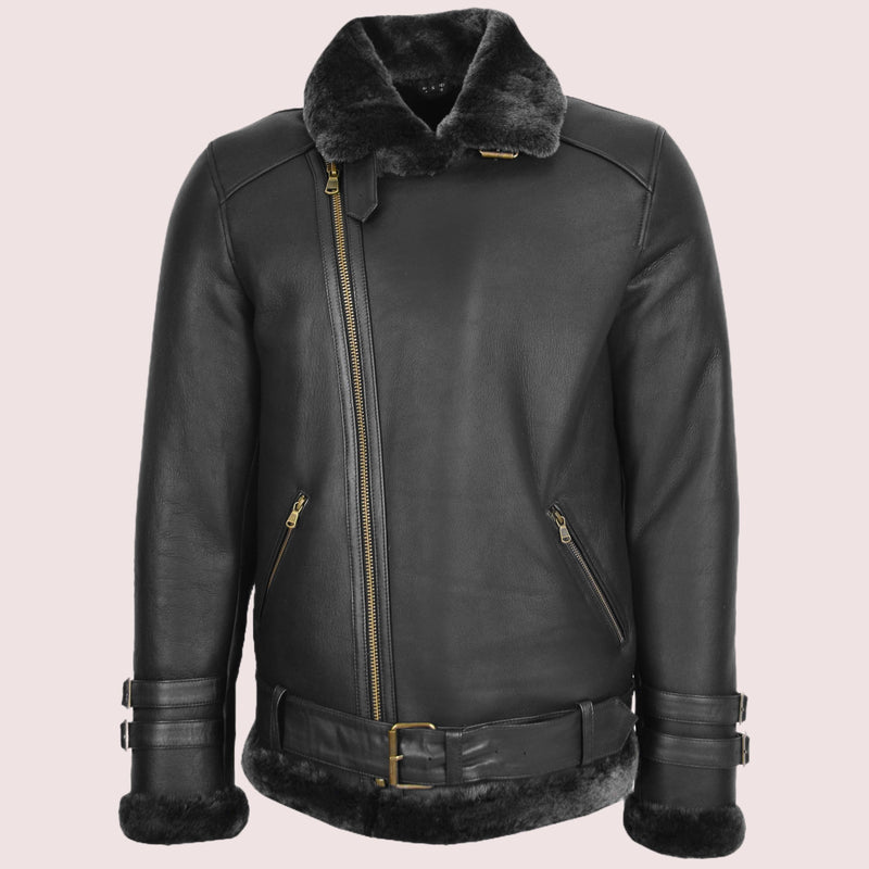 Mens Sheepskin Aviator Jacket Cross Zip Biker Style Alvin Black - Shearland