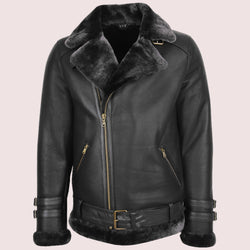 Mens Sheepskin Aviator Jacket Cross Zip Biker Style Alvin Black - Shearland