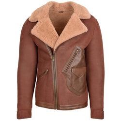 Mens Sheepskin Aviator Jacket Cross Zip Biker Style Dustin Brown Ginger - Shearland