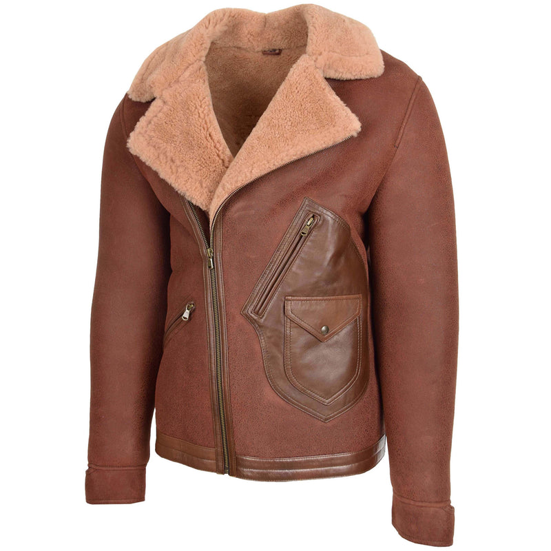 Mens Sheepskin Aviator Jacket Cross Zip Biker Style Dustin Brown Ginger - Shearland