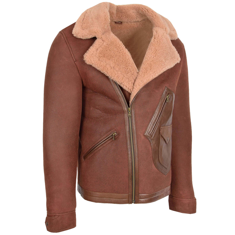 Mens Sheepskin Aviator Jacket Cross Zip Biker Style Dustin Brown Ginger - Shearland