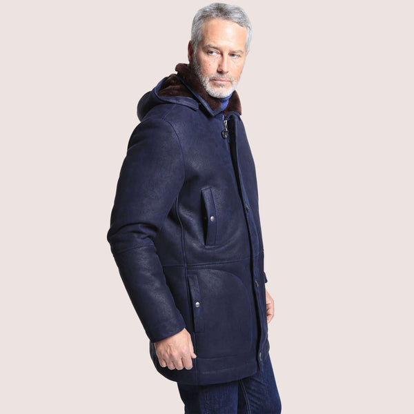 Mens Sheepskin Coat with Removable Fur Hood and Snap Pocket Closures - Shearland