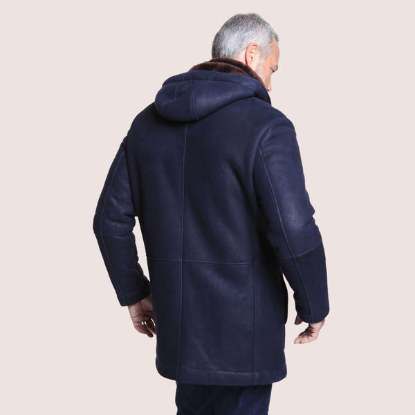 Mens Sheepskin Coat with Removable Fur Hood and Snap Pocket Closures - Shearland