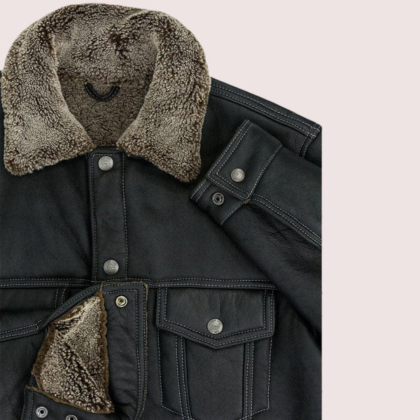 The Sheepskin Midnight Trucker Biker Leather Jacket - Shearland